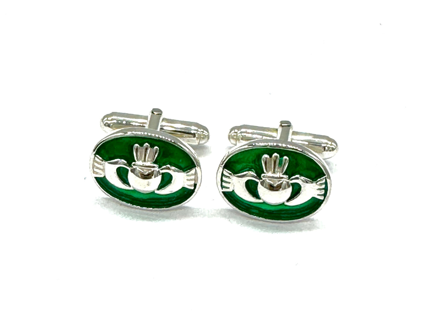 925 Sterling Silver Green Irish Claddagh Heart Bullet Back T-Bar Cufflinks