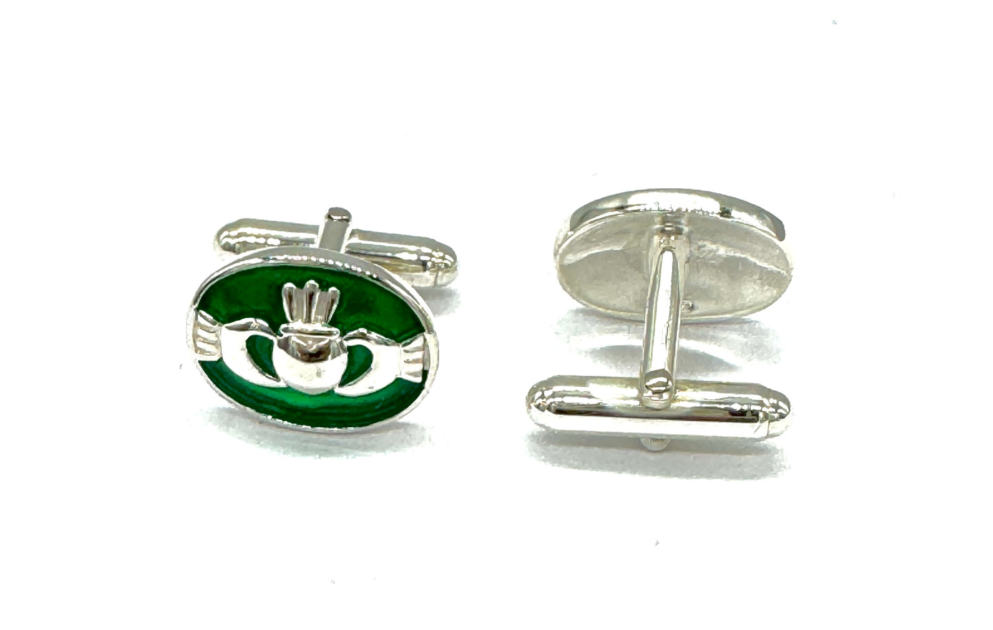 925 Sterling Silver Green Irish Claddagh Heart Bullet Back T-Bar Cufflinks