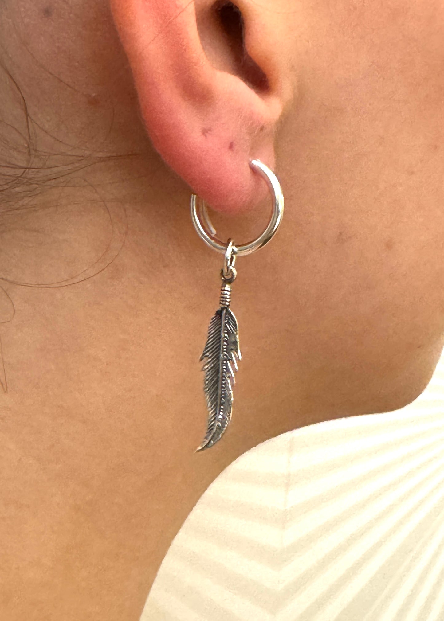 925 Sterling Silver Hinged Feather Charm Drop HOOP Earrings
