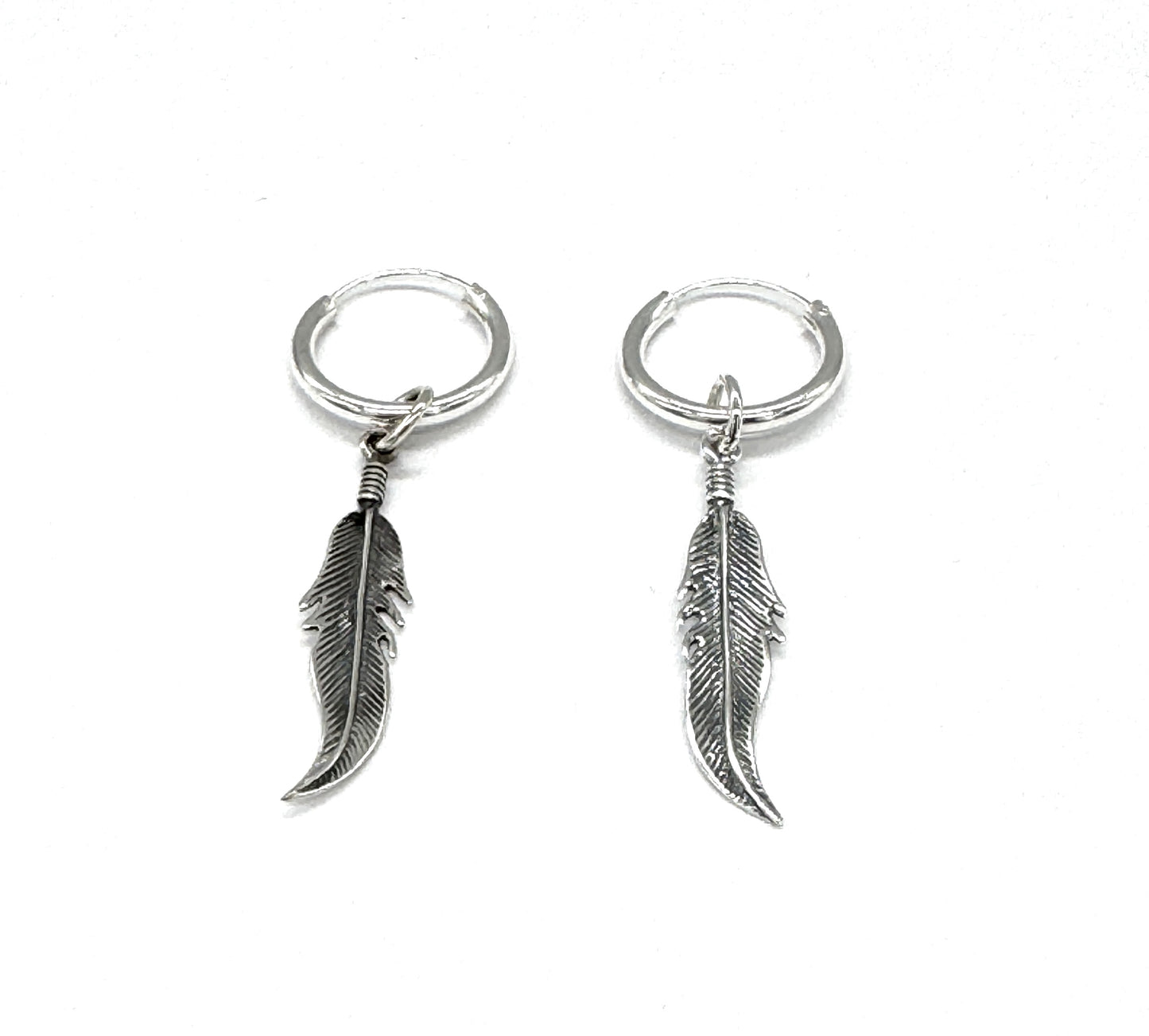 925 Sterling Silver Hinged Feather Charm Drop HOOP Earrings