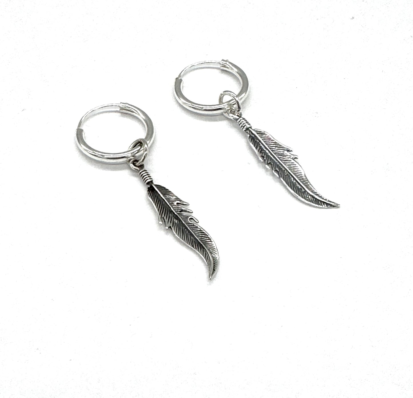 925 Sterling Silver Hinged Feather Charm Drop HOOP Earrings