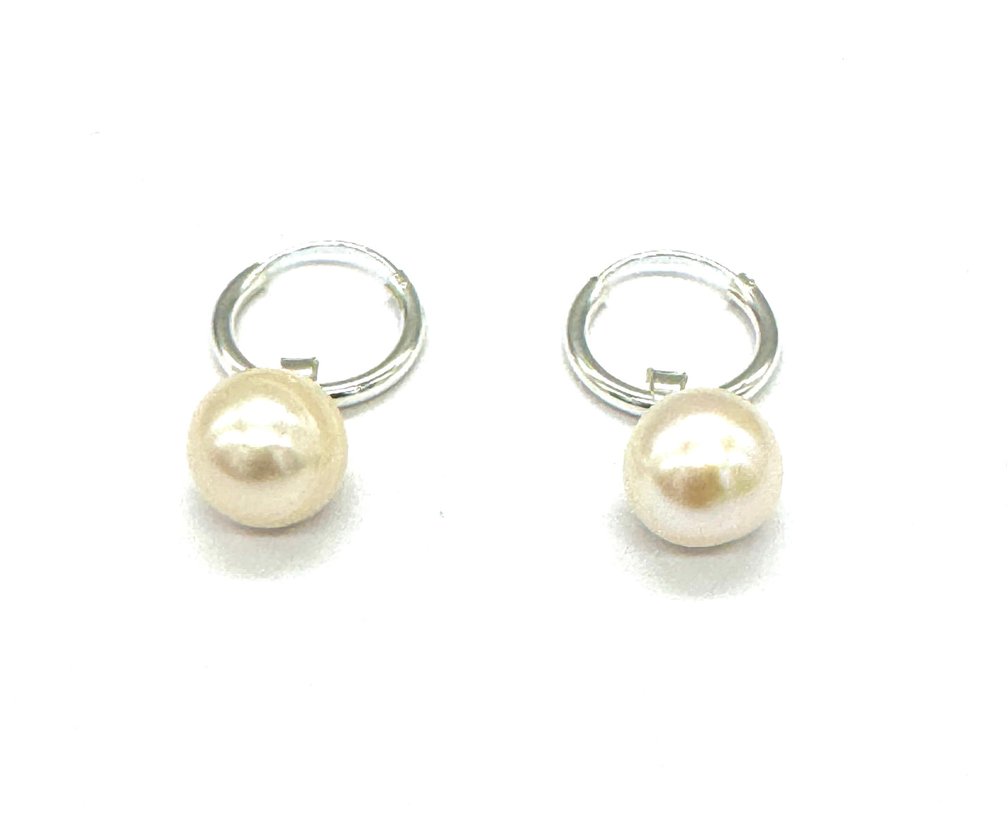 925 Sterling Silver Hinged Pearl Charm Drop HOOP Earrings