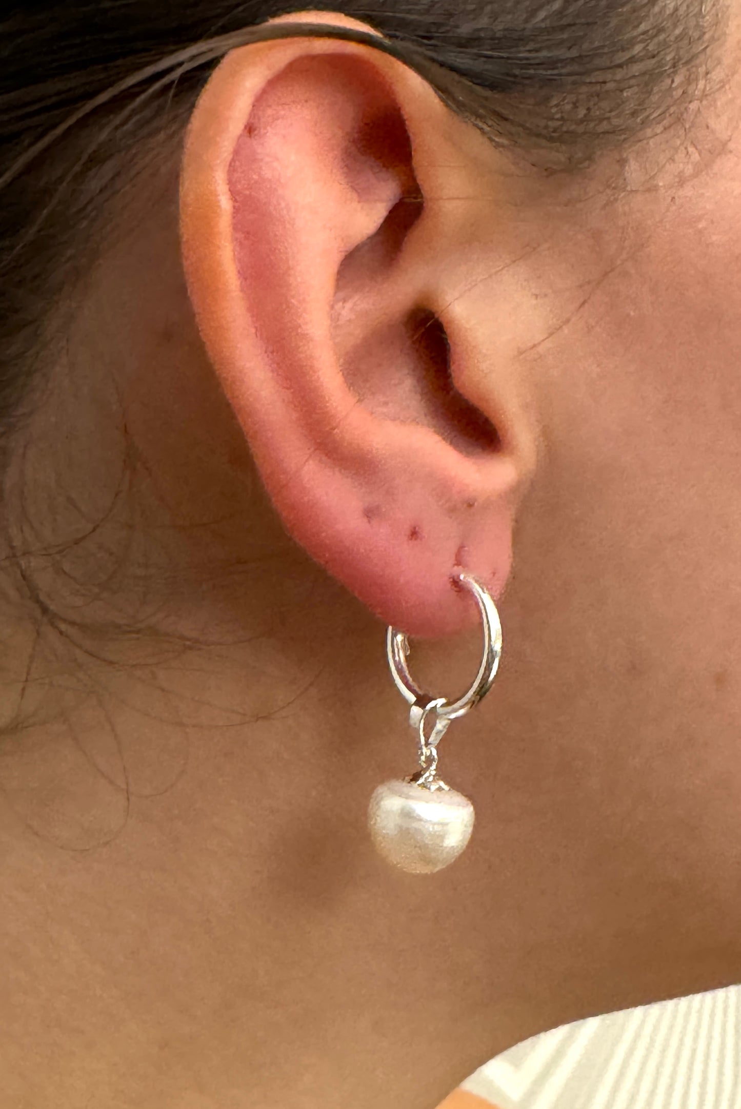 925 Sterling Silver Hinged Pearl Charm Drop HOOP Earrings