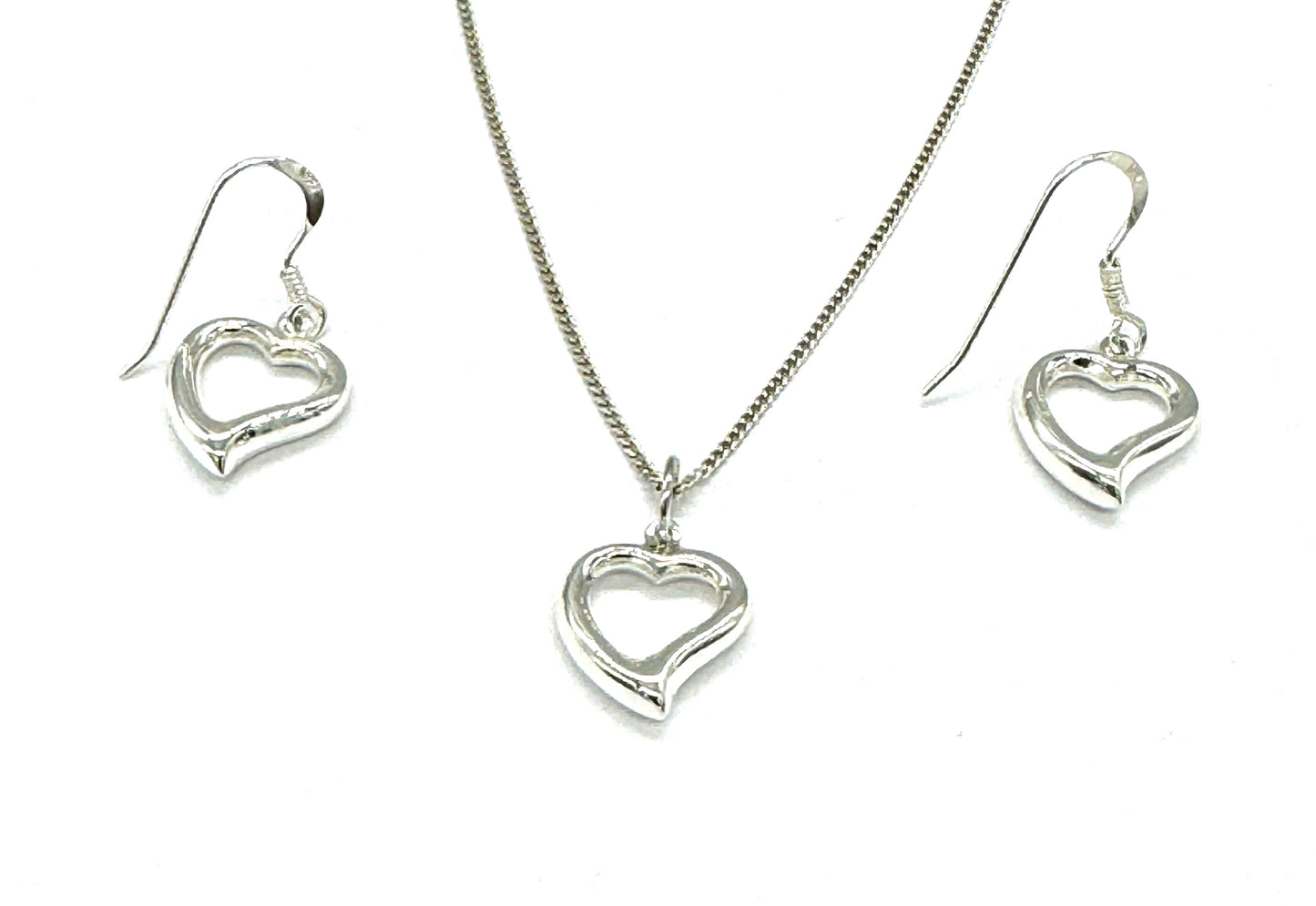 925 Sterling Silver Open Heart Drop Dangle Earrings and Pendant Set on Silver Curb Chain