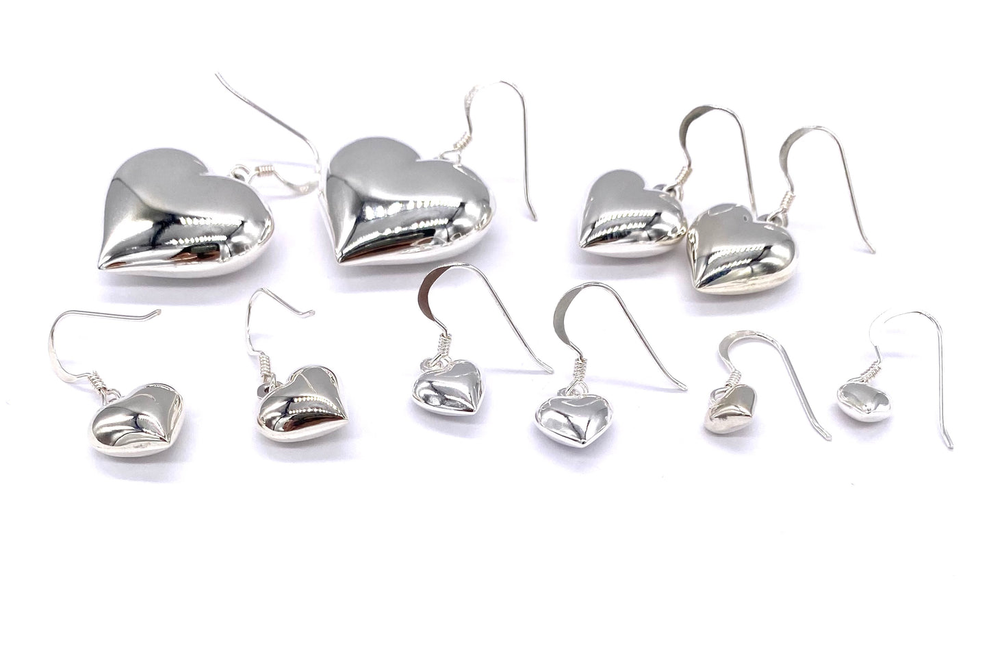 925 Sterling Silver Puffy Heart Drop Dangle Earrings from Small to Big Sizes