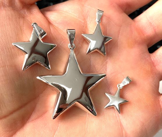 925 Sterling Silver STAR Pendant Charm Small to Big Size on 16", 18" or 20" Silver Curb Chain or Without Chain