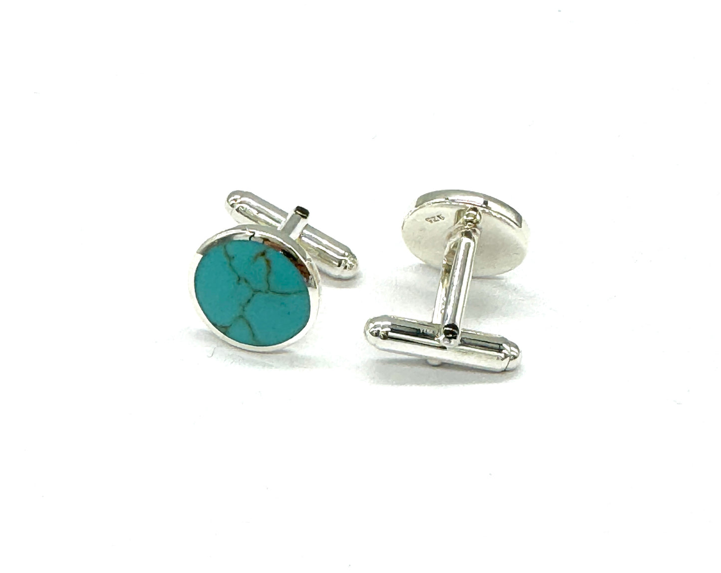 925 Sterling Silver Round Blue Turquoise Stone Bullet Back T Bar Cufflinks