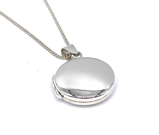 925 Sterling Silver Round Circular Plain Photo Pendant Locket on 16", 18" or 20" Silver Curb Chain