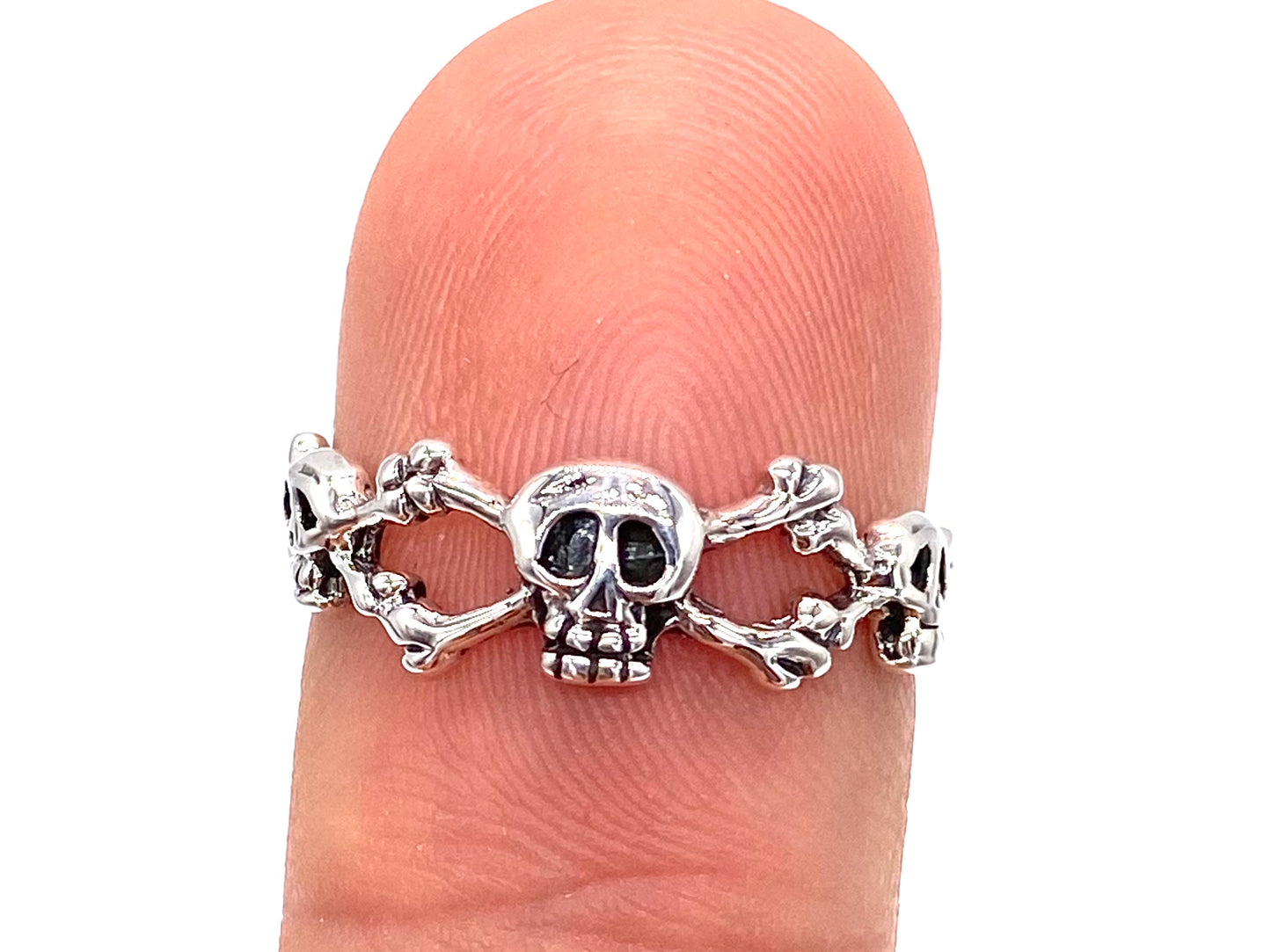 925 Sterling Silver Skull and Crossbones Pirate Cuff Ring Adjustable One Size Fit All
