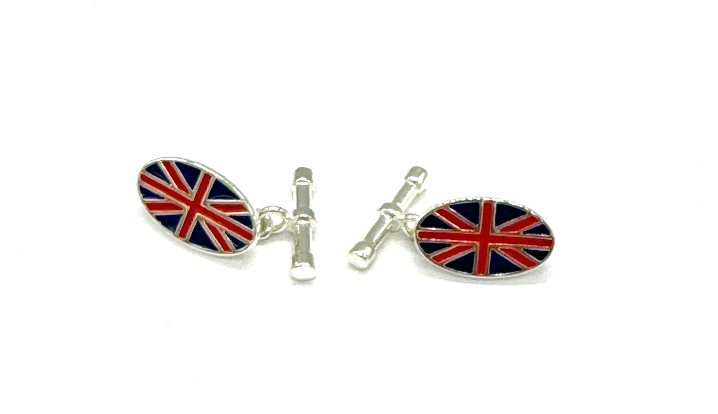 925 Sterling Silver Oval Shaped Union Jack Flag Bullet Back T-Bar Cufflinks