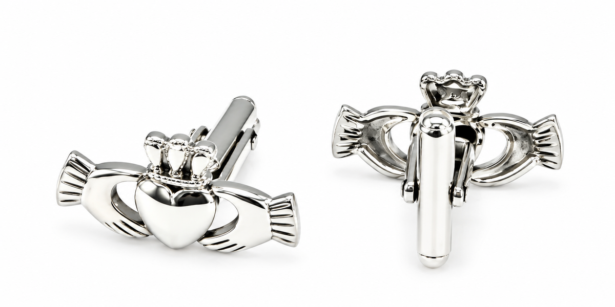 925 Sterling Silver Irish Claddagh Heart Bullet Back T-Bar Cufflinks