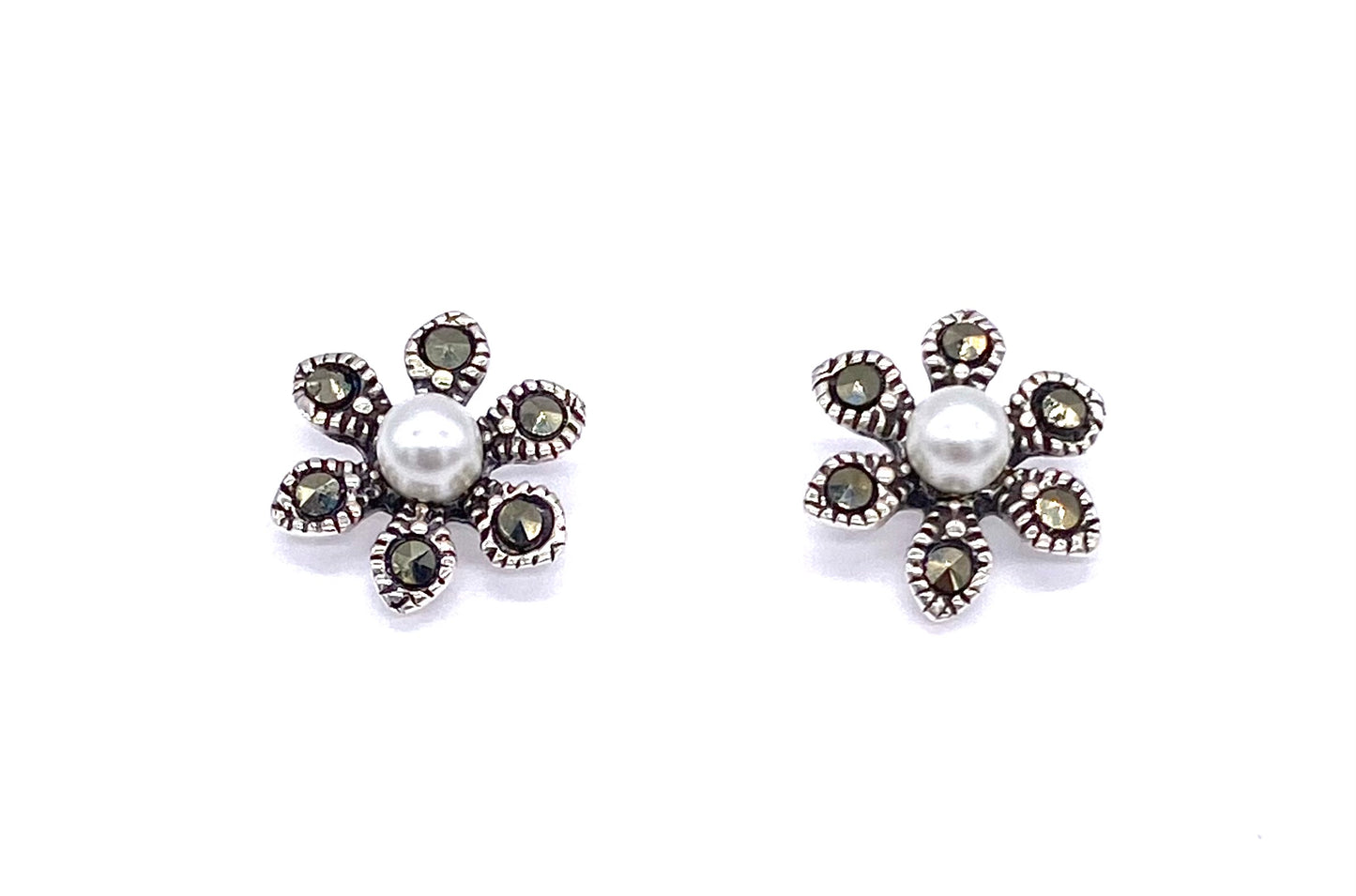 925 Sterling Silver Flower Daisy Stud Earrings with MARCASITE & Pearl Stones