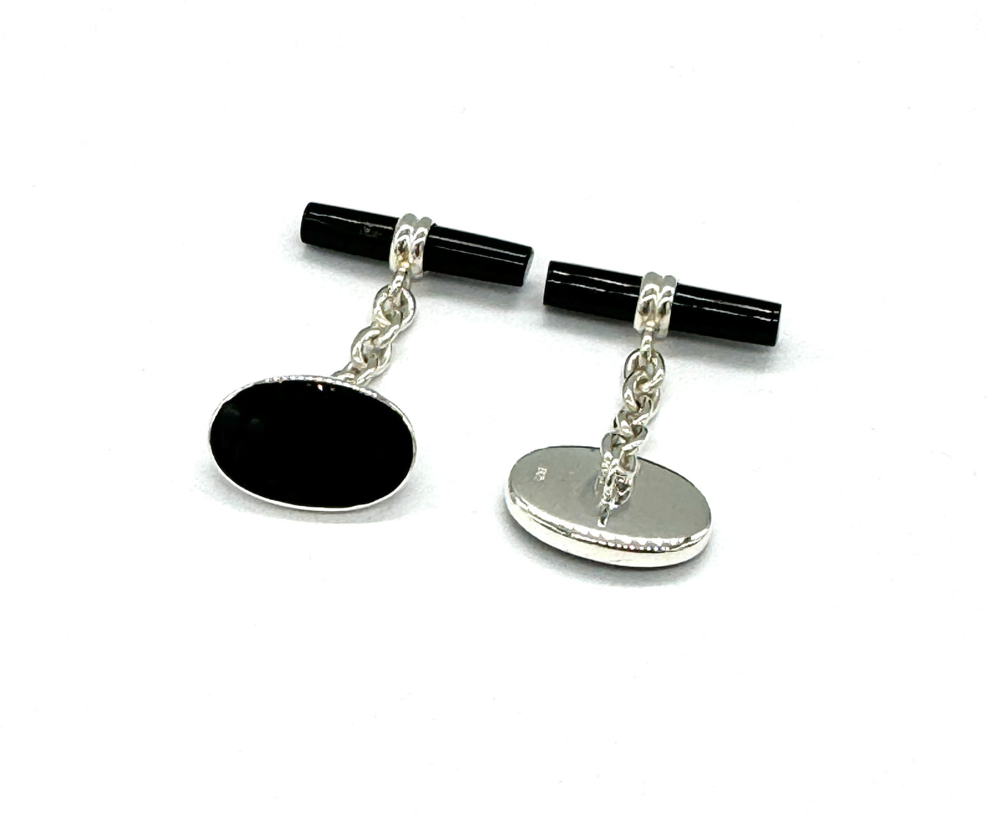 925 Sterling Silver Oval Shaped Black Onyx Stone Cufflinks Classic Chain Link, Bullet Back