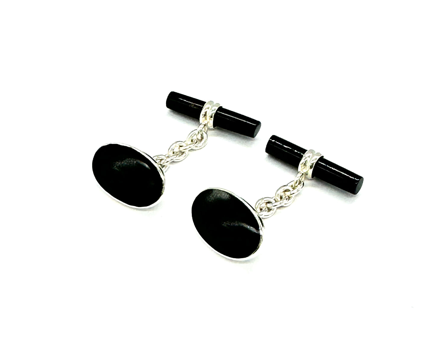 925 Sterling Silver Oval Shaped Black Onyx Stone Cufflinks Classic Chain Link, Bullet Back