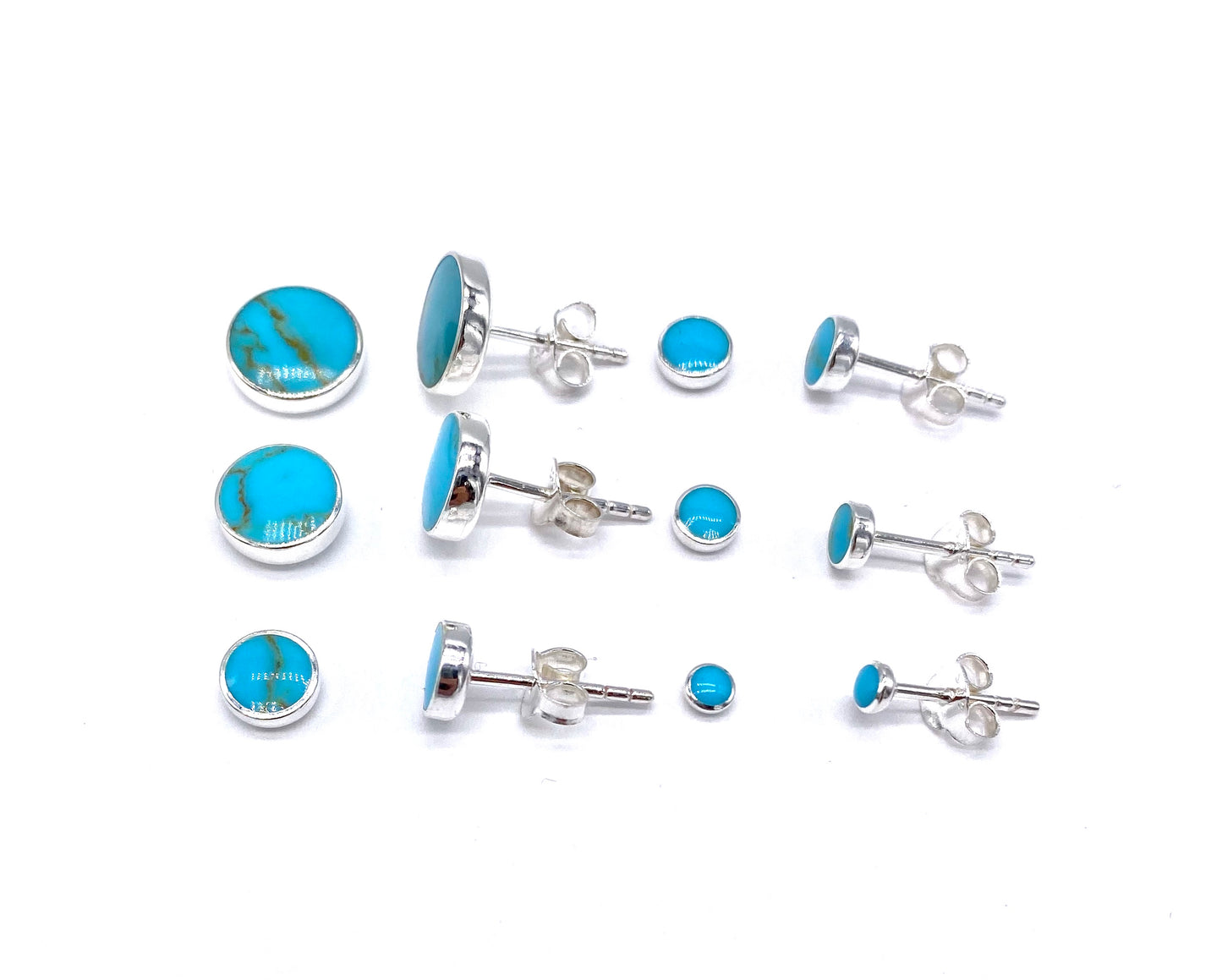 925 Sterling Silver Green Blue Turquoise Button Stud Earrings in Size 3, 4, 5, 6, 8 and 10 mm Diameter