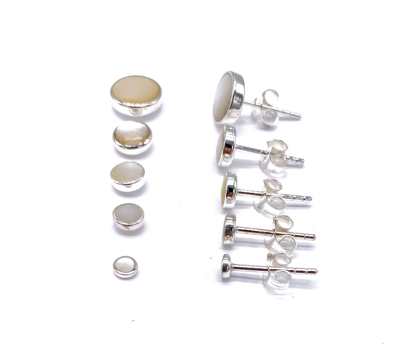 925 Sterling Silver Mother of Pearl Small Button Stud Earrings in Size 3, 4, 5, 6 and 8 mm Diameter