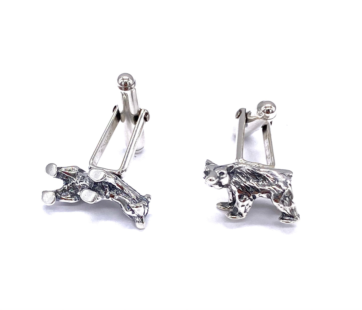 925 Solid Sterling Silver Animal Bear Swivel T Bar Link Cufflinks