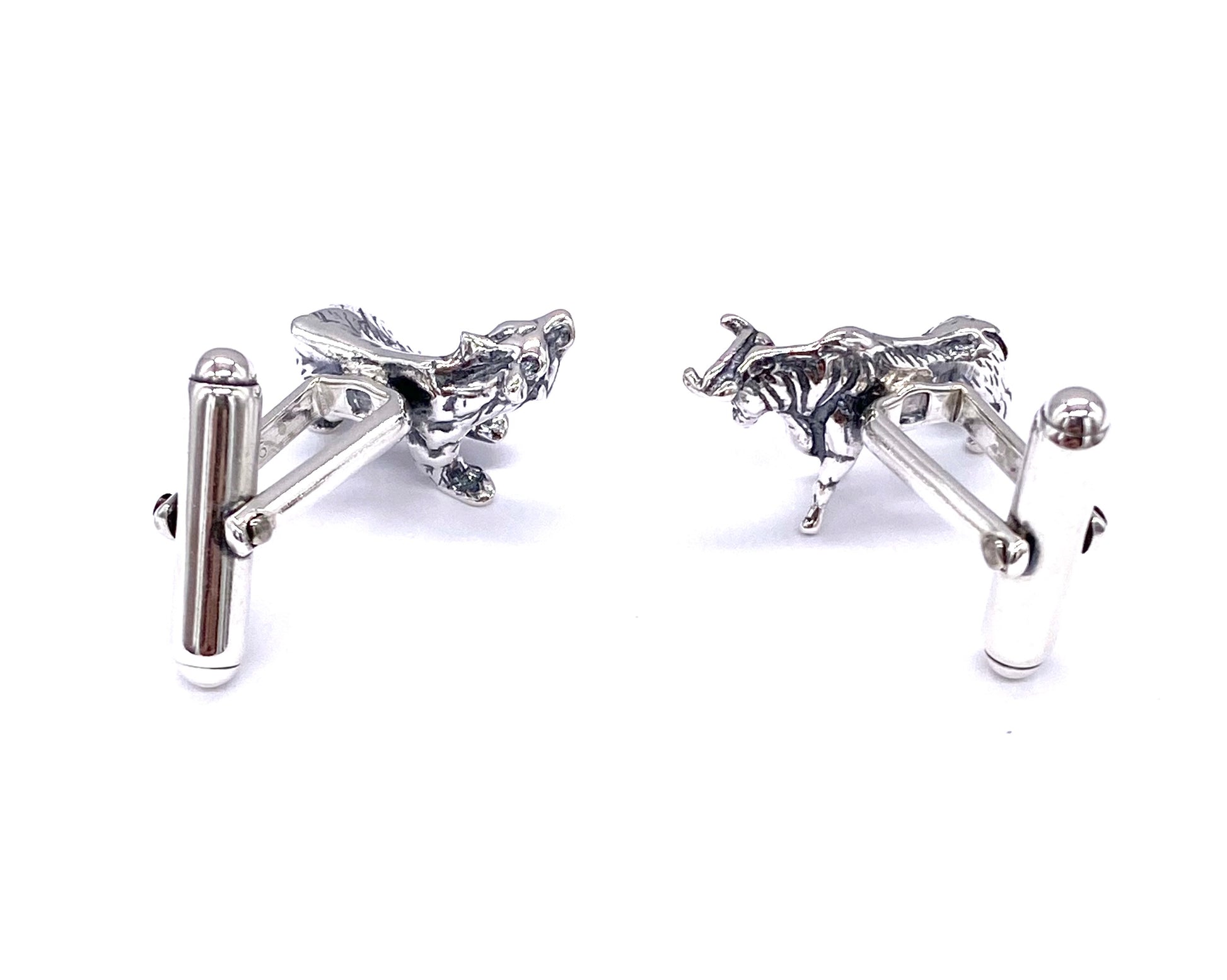 925 Solid Sterling Silver Bull and Bear T Bar Cufflinks Cuff Links