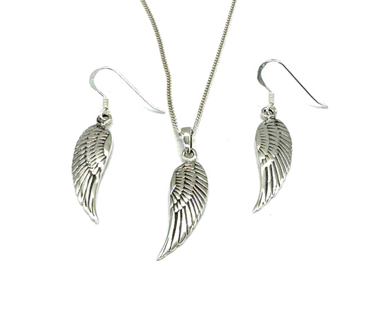 925 Sterling Silver Angel Wing Drop Dangle Earrings and Pendant Set on Silver Curb Chain