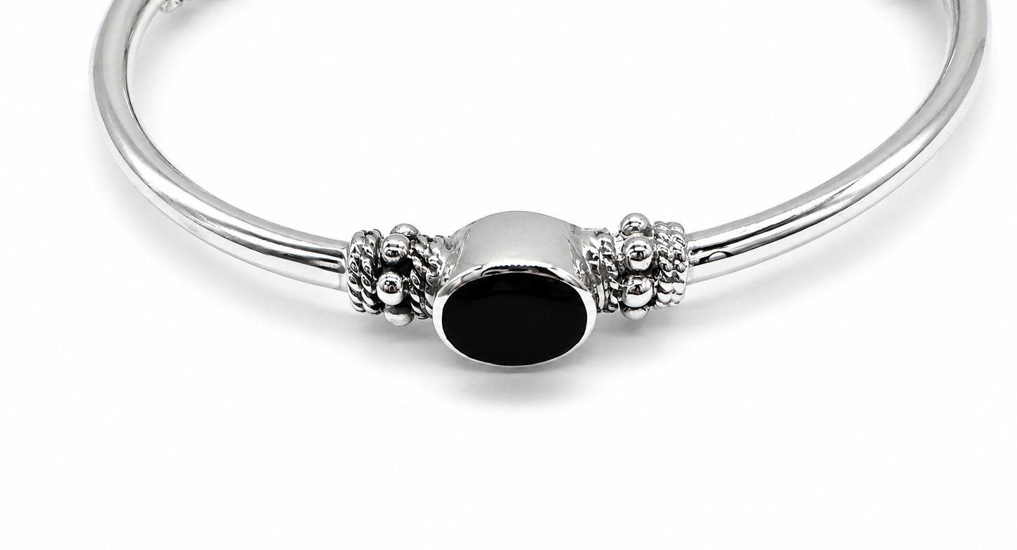 925 Sterling Silver Balinese Bali Bangle Bracelet with Genuine Onyx Stones