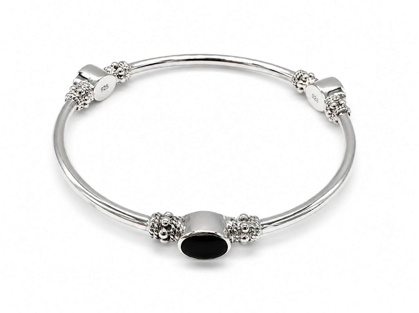 925 Sterling Silver Balinese Bali Bangle Bracelet with Genuine Onyx Stones