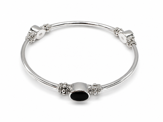 925 Sterling Silver Balinese Bali Bangle Bracelet with Genuine Onyx Stones
