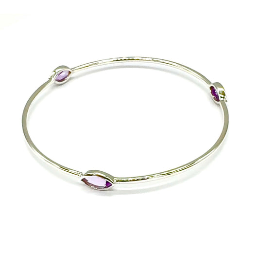 925 Sterling Silver Bangle Bracelet with Pink Purple Amethyst Stone