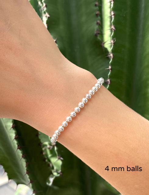 925 Sterling Silver Bead Ball Stretch Elastic Bracelet 3mm, 4mm, 5mm, 6mm, 8mm and 10mm Ball Options