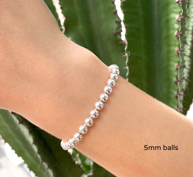 925 Sterling Silver Bead Ball Stretch Elastic Bracelet 3mm, 4mm, 5mm, 6mm, 8mm and 10mm Ball Options