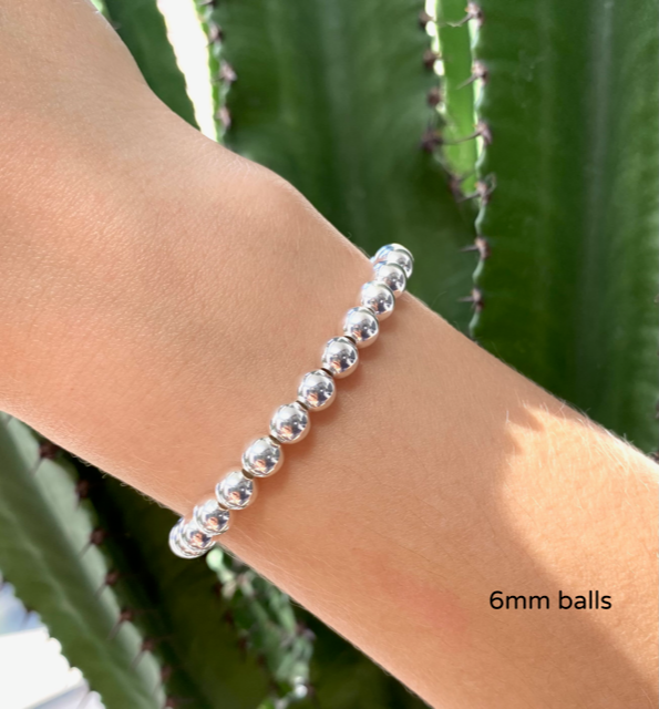 925 Sterling Silver Bead Ball Stretch Elastic Bracelet 3mm, 4mm, 5mm, 6mm, 8mm and 10mm Ball Options