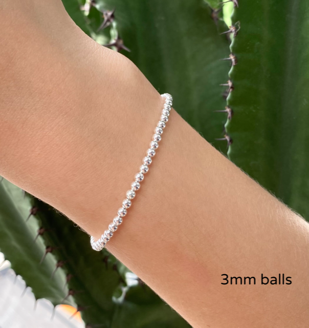 925 Sterling Silver Bead Ball Stretch Elastic Bracelet 3mm, 4mm, 5mm, 6mm, 8mm and 10mm Ball Options