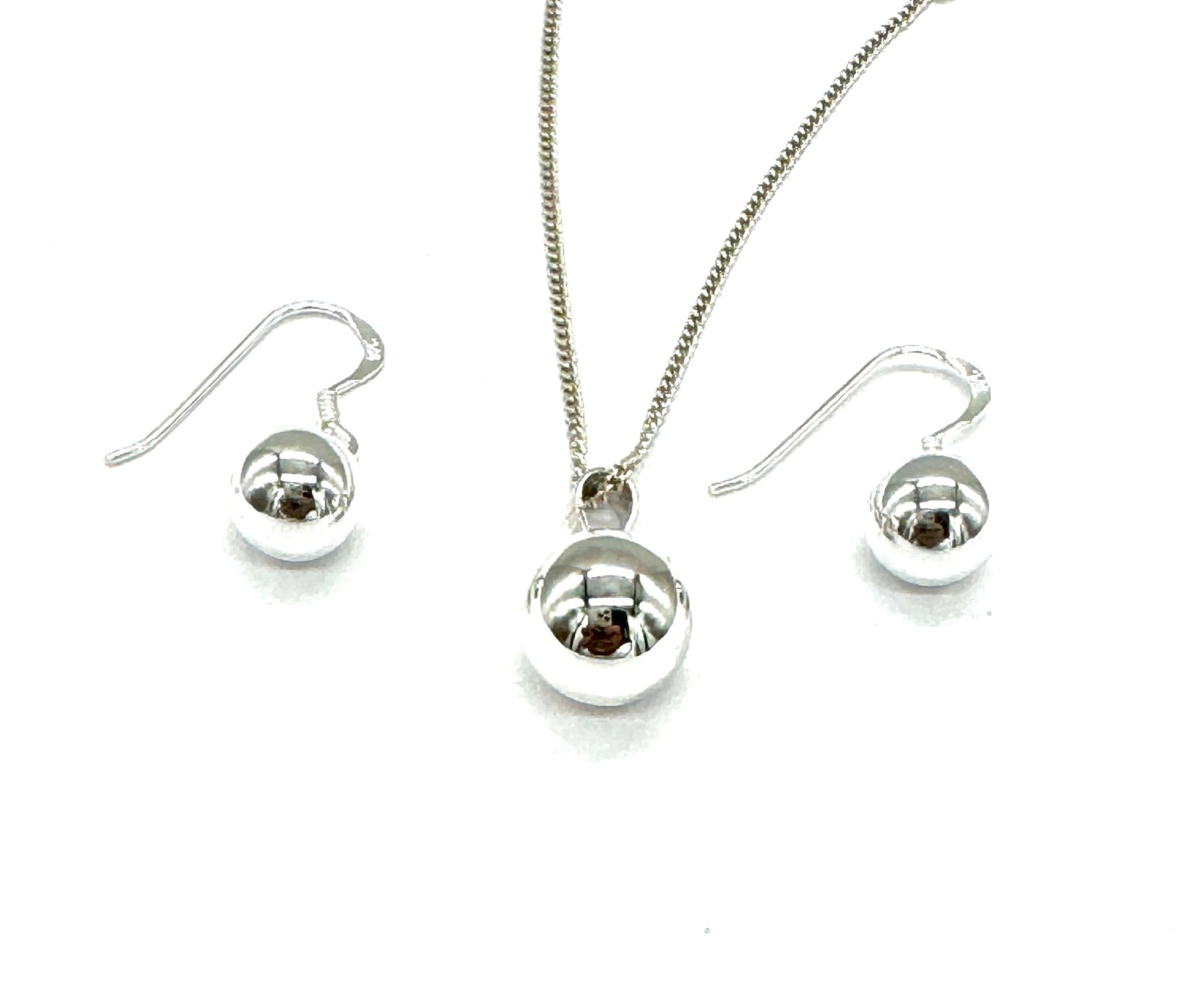 925 Sterling Silver Drop Dangle Ball Earrings and Pendant Set on Silver Curb Chain