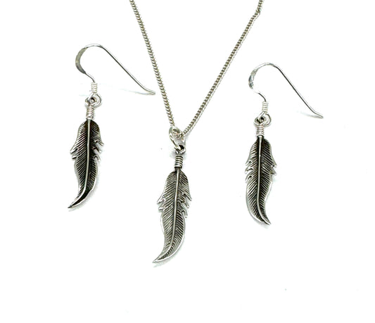 925 Sterling Silver Feather Drop Dangle Earrings and Pendant Set on Silver Curb Chain