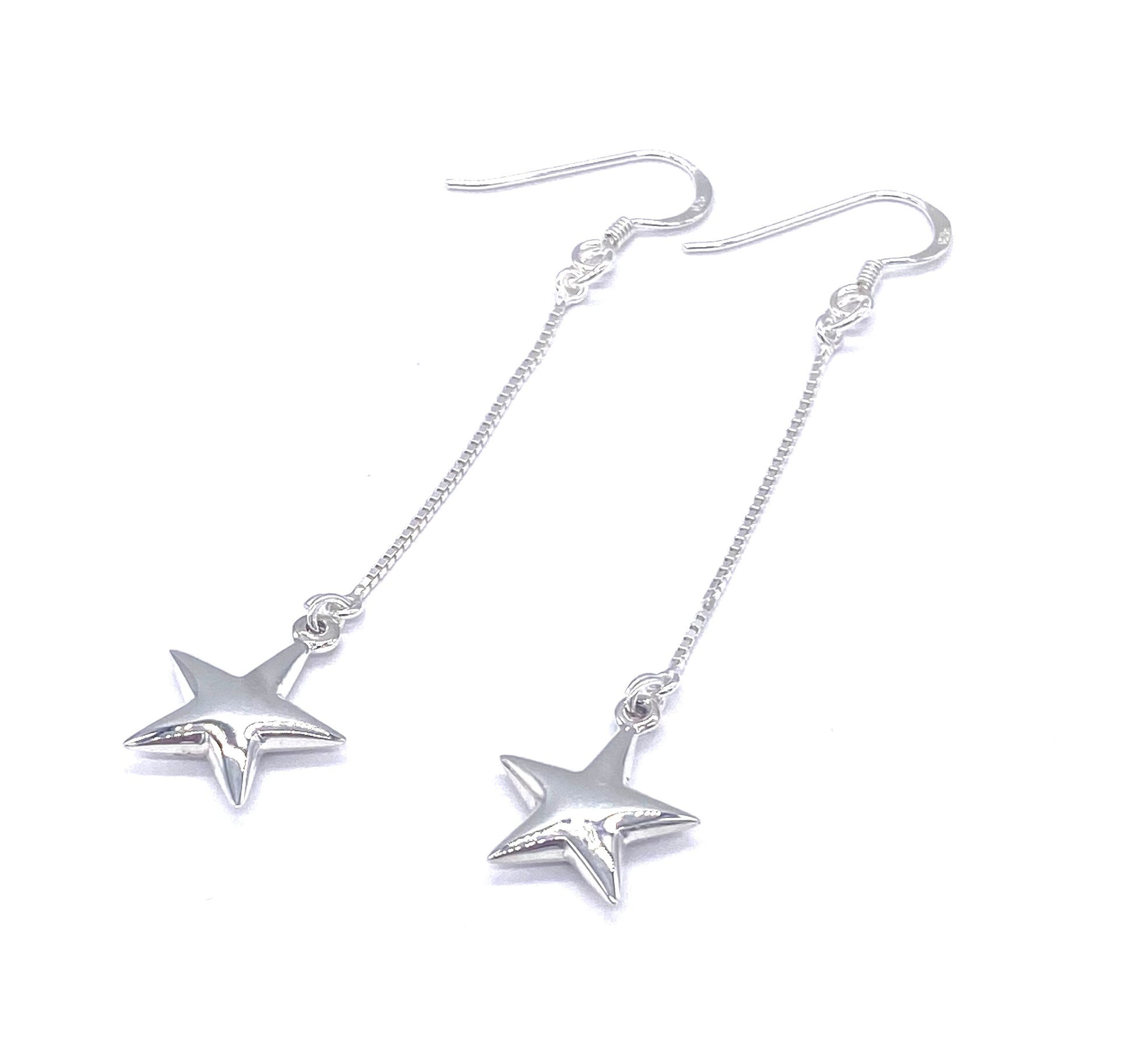 925 Sterling Silver Long Chain Drop Dangle STAR Earrings