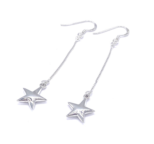 925 Sterling Silver Long Chain Drop Dangle STAR Earrings