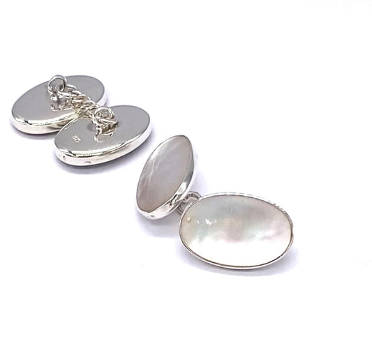 925 Sterling Silver Mother of Pearl Stone Chain Link Oval Shaped Cufflinks