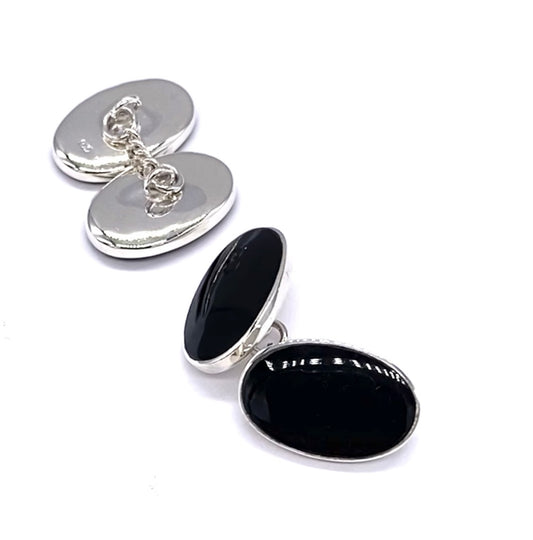 925 Sterling Silver Oval Shaped Black Onyx Cufflinks Classic Chain Link