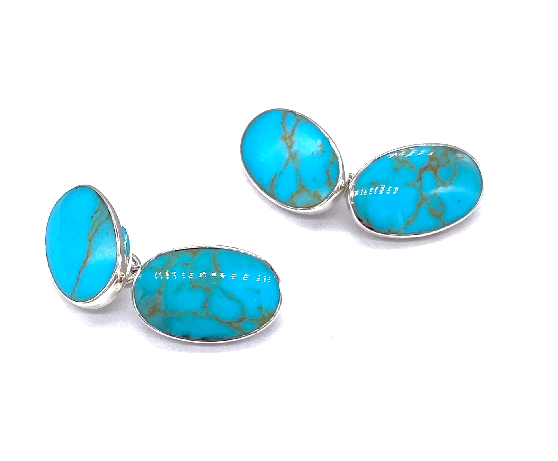 925 Sterling Silver Oval Shaped Blue Turquoise Gemstone Classic Chain Link Cufflinks