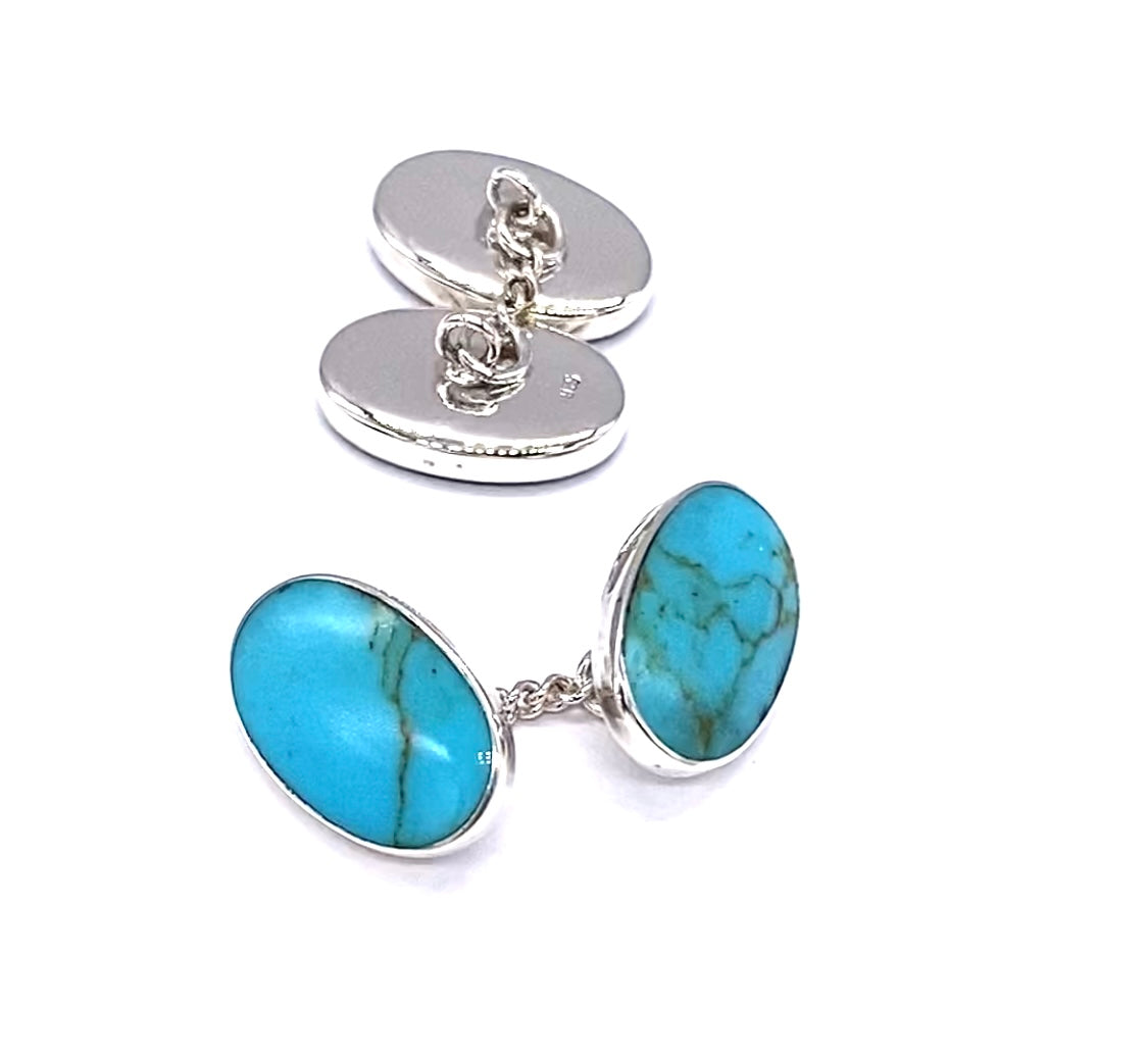 925 Sterling Silver Oval Shaped Blue Turquoise Gemstone Classic Chain Link Cufflinks