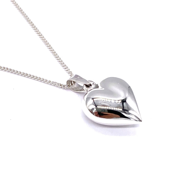 925 Sterling Silver Puffy Heart Pendant Charm on Sterling Silver Curb Chain