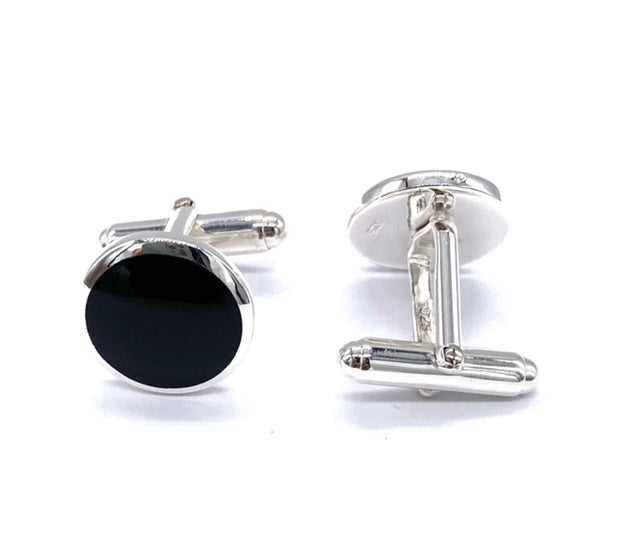 925 Sterling Silver Round Black Onyx Stone Swivel Link Cufflinks T Bar