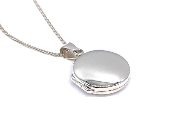 925 Sterling Silver Round Circular Plain Photo Pendant Locket on 16", 18" or 20" Silver Curb Chain