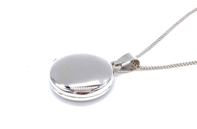 925 Sterling Silver Round Circular Plain Photo Pendant Locket on 16", 18" or 20" Silver Curb Chain