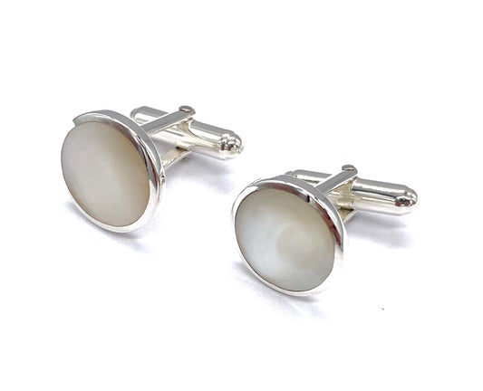 925 Sterling Silver Round Mother of Pearl Stone Swivel Link Cufflinks T Bar