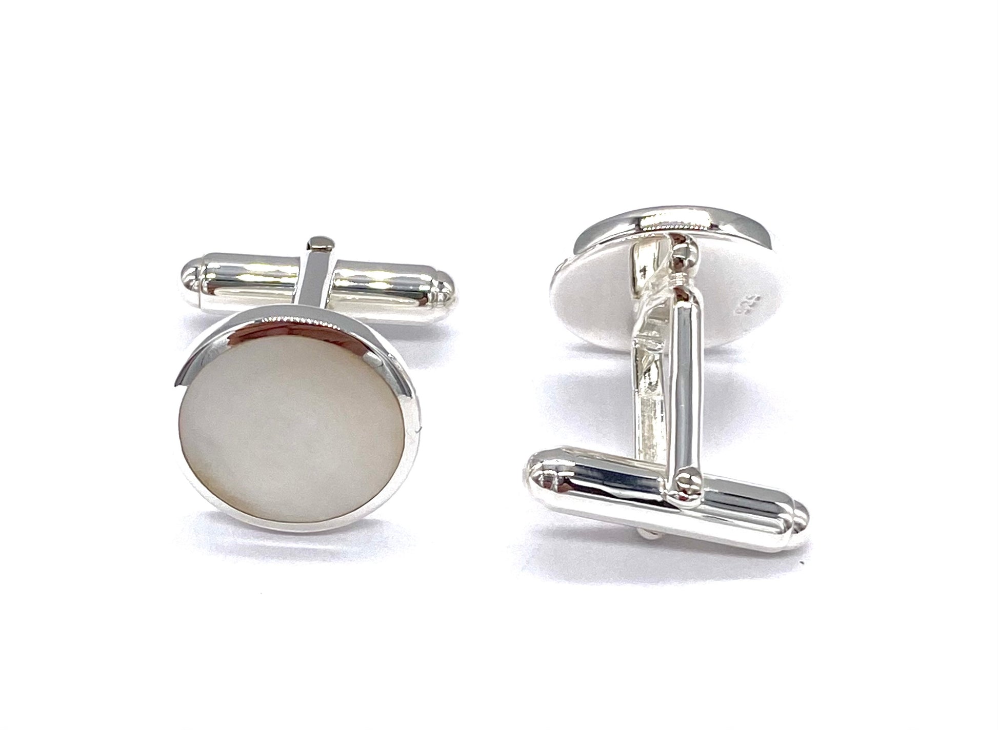 925 Sterling Silver Round Mother of Pearl Stone Swivel Link Cufflinks T Bar