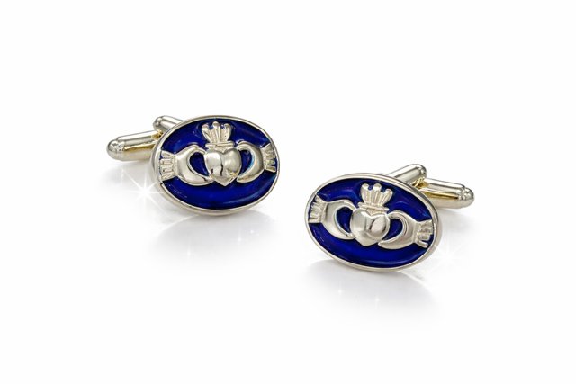 925 Sterling Silver Green Irish Claddagh Heart Bullet Back T-Bar Cufflinks