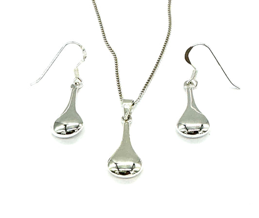 925 Sterling Silver Teardrop Drop Dangle Earrings and Pendant Set on 16, 18 or 20" Silver Curb Chain