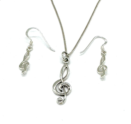 925 Sterling Silver Treble Clef Music Sign Drop Dangle Earrings and Pendant Set on Silver Curb Chain