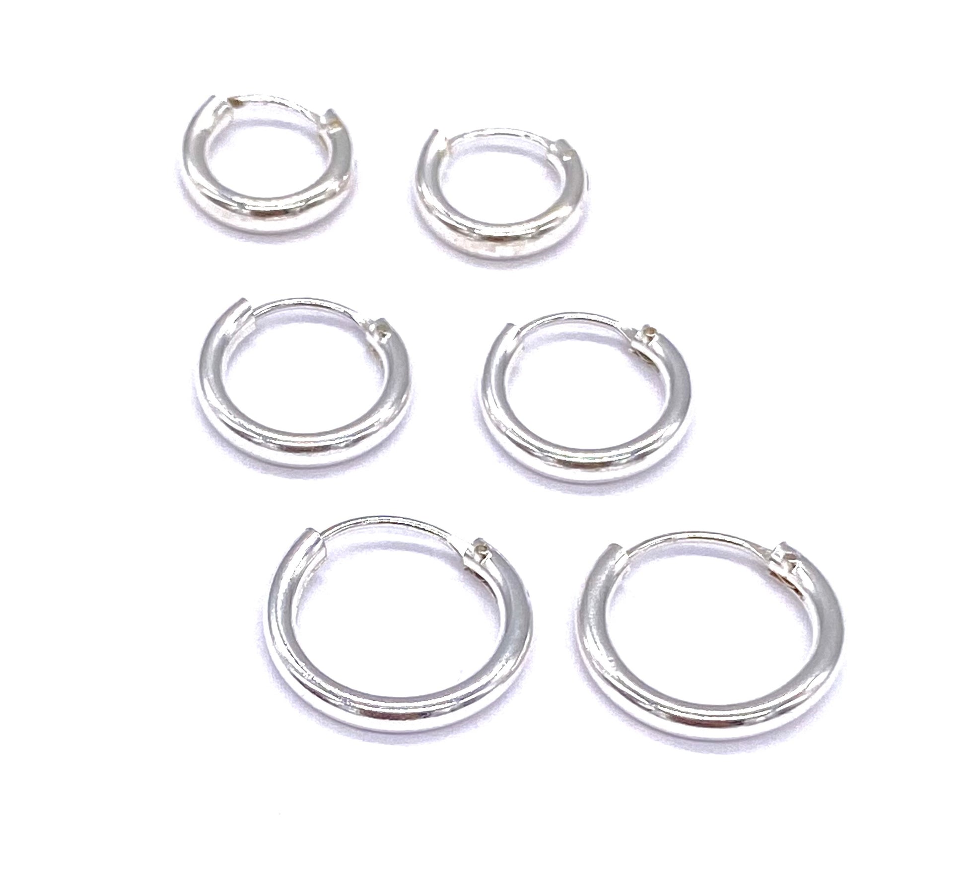 925 Sterling Silver 3 Pairs of Sleeper HOOP Earrings 14 mm, 12 mm & 10 mm Diameter and 1 or 2 mm Thick