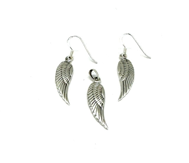 925 Sterling Silver Angel Wing Drop Dangle Earrings and Pendant Set on Silver Curb Chain